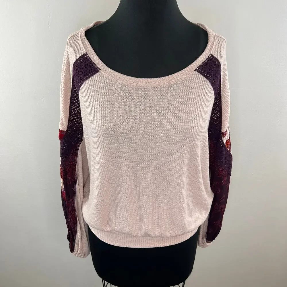 FREE PEOPLE Casual Clash Top Rose Pink Long Puff Sleeves Floral Lace Relaxed S
